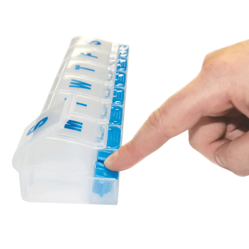 Rehabilitation Advantage Weekly Pill Organizer – 7-Day Push Button Pill Box with Large Compartments, Easy Open Design for Medications and Vitamins. Travel & Daily Use