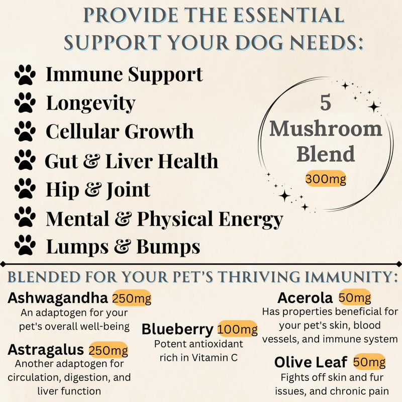 Dogs Immune Support Mushroom Supplement - Supports Longevity, Cognition, Joint, Cellular & Gut Health - All Natural Organic, GrainFree - Buddy Guard for Lumps and Bumps, Chicken Flavor - 90 Chews - PawsPlanet Australia