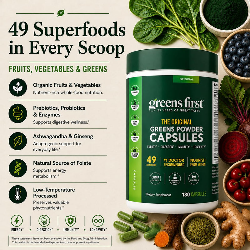 Greens First Phytonutrient Capsules, 180 Capsules | 49 Antioxidant-Rich Superfoods, Organic Fruits & Veggies, Prebiotics, Probiotics, Digestive Enzymes