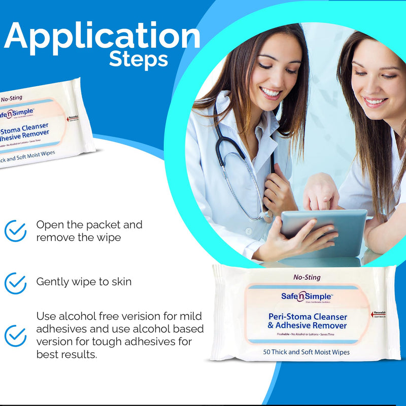 [Australia] - Safe n' Simple Adhesive Remover Wipes - 50 Large No-Sting Skin Prep Wipes Medical Skin Adhesive Remover - Adhesive Removing Wipes for Skin - Non-Alcohol 50 Count (Pack of 1) Alcohol-Free (Resealable) 