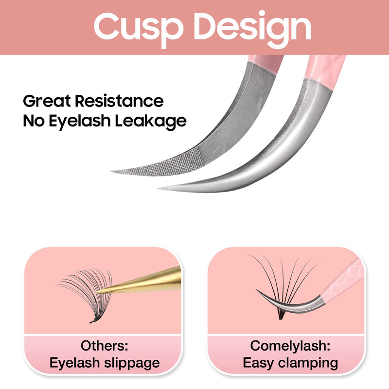 Fiber Tip Lash Tweezers for Eyelash Extensions, Professional Stainless Steel Lash Extension Tweezers for Volume Fan, Precision Supplies Work Best Tool（Curved） Curved Pink