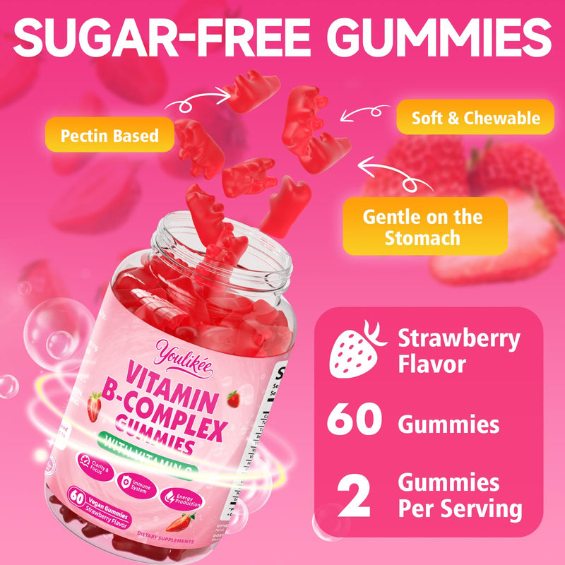 2 Pack Vitamin B-Complex Gummies for Women & Men, 120 Ct | Methyl B12, B1, B2, B3, B5, B6, B7 & B9 - Vitamin B Complex with Vitamin C for Energy & Immune Support, Strawberry Flavor 60 Count (Pack of 2)