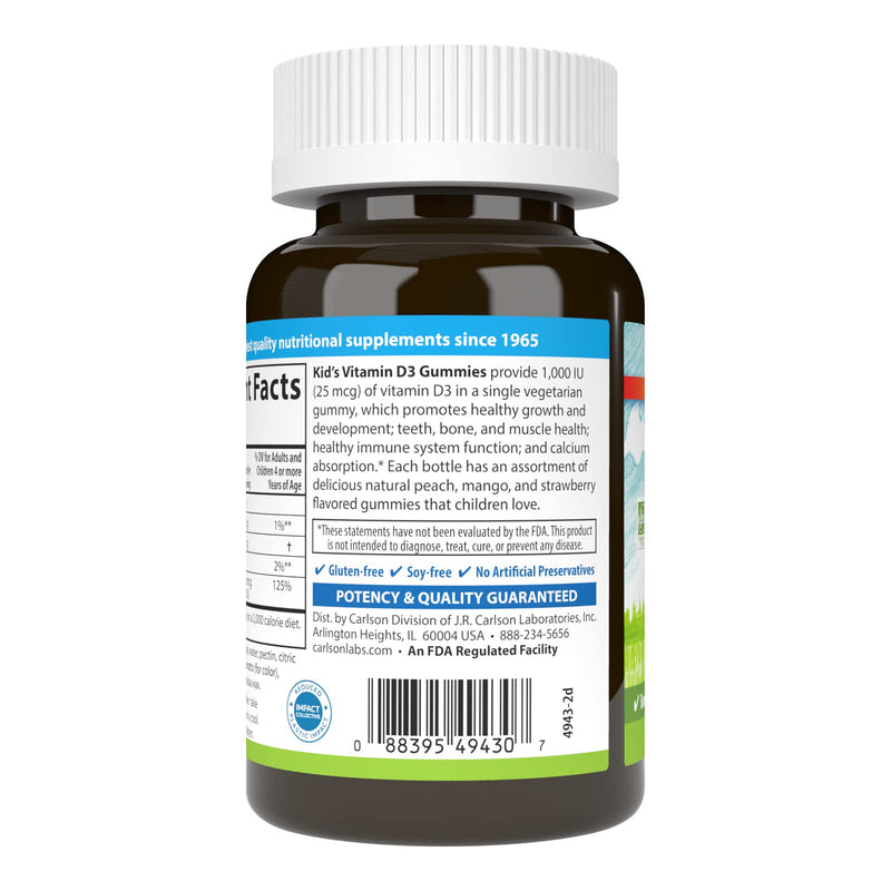 Carlson Kid's Vitamin D3 Gummies, 1000 IU (25 mcg), 60 Vegetarian Gummies | Mixed Fruit; Bone Health; Calcium Absorption; Non-GMO 60 Count (Pack of 1)