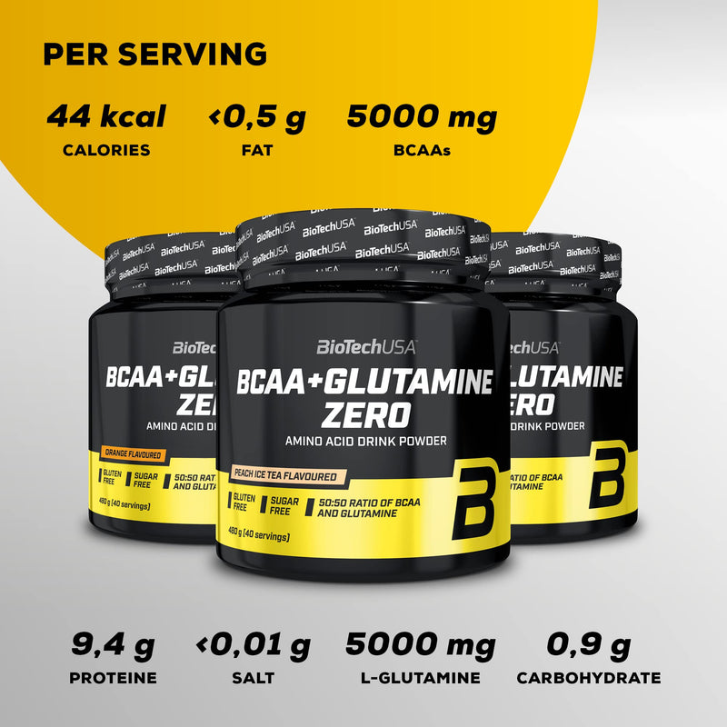 BioTechUSA BCAA + Glutamine Zero | 40 Servings | Vegan | Sugar-Free | Gluten-Free | 2:1:1 Ratio BCAAs | 480 g | Orange