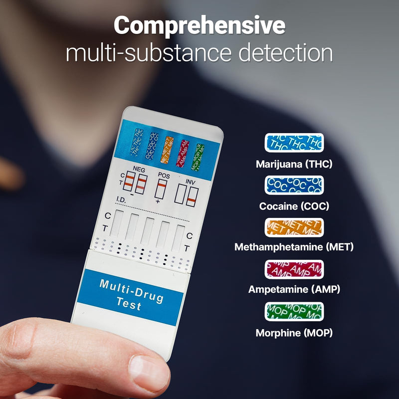 5-Pack Multi-Panel Drug Screening Urine Analysis Cards with Sample Collection Cups – 5 Parameter Panel (AMP, MET, MOP, COC, THC)
