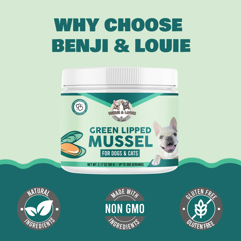 Benji & Louie Green Lipped Mussels Powder for Dogs and Cats 3.17 oz (90g) - 300 Servings - Sourced from USA - Rich in Omega-3 Fatty Acids for Joint, Skin & Coat Health, Made in USA - PawsPlanet Australia