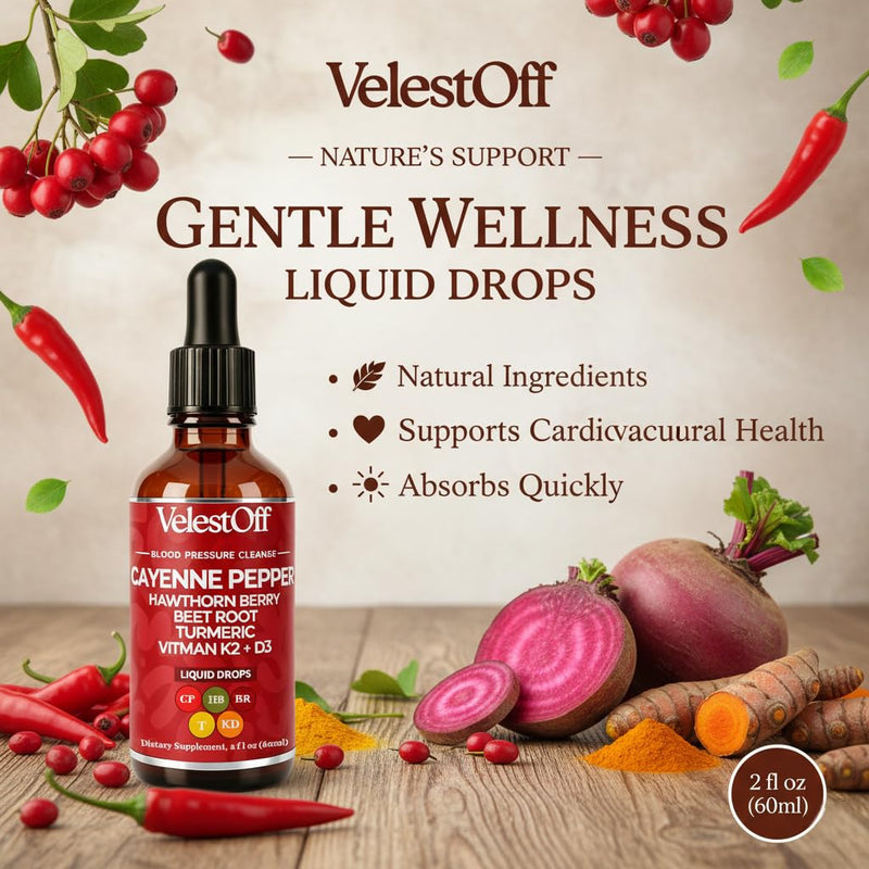 Velestoff Cayenne Pepper Drops Supplement Liquid - Cayenne Pepper, Hawthorn Berry, Beet Root, Turmeric, Vitamin K2+D3, Immune Support, Energy Boost, 2 Fl. Oz.