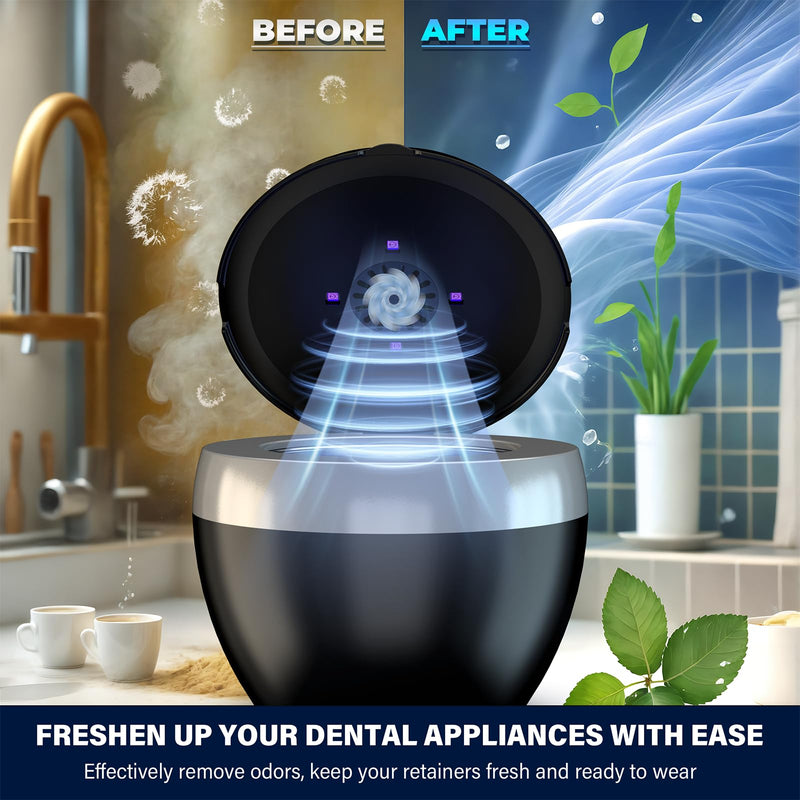 [Australia] - Ultrasonic Retainer Cleaner, 200ML Denture Cleaner for Mouthguard, Aligner, Brace, Night Guard and Dental Appliance with 4 Modes, 45kHz Jewelry Cleaner for Rings, Dental Cleaning Pod with Basket Black 