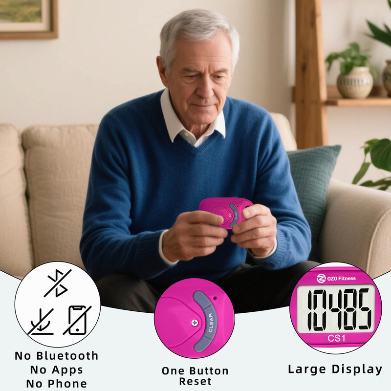 [Australia] - OZO Fitness Clip-on 3D Pedometer for Walking Steps Counter with Lanyard, Simple Exercise Tracker for Women and Seniors with Large Accurate Digital Display, Portable Minimalist Sports Monitor Steps Count Only Pink 