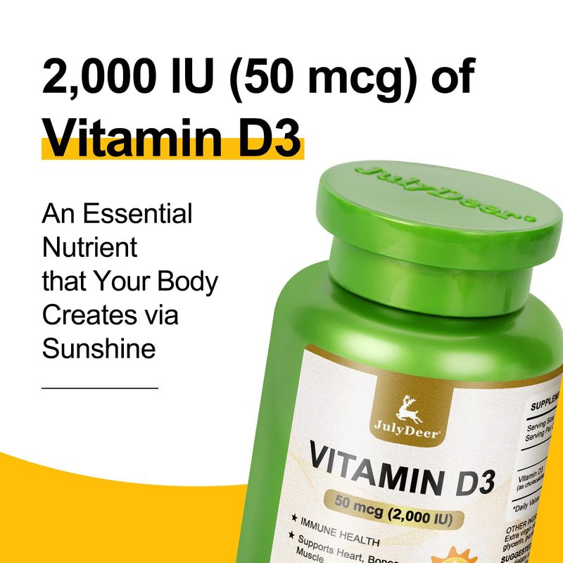 JulyDeer Vitamin D3 2000 IU (50 mcg) 360 Softgels | Supports Immune, Calcium Absorption & Bone Strength | Essential for Healthy Bones, No-Gluten, VD Daily Supplements Health 360 Count (Pack of 2)