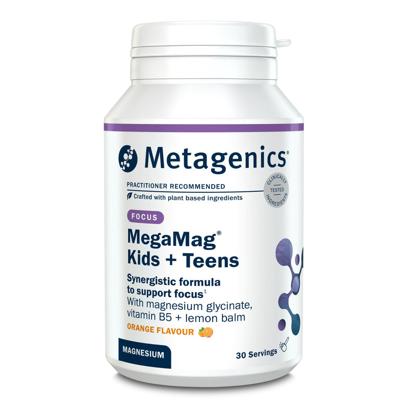 Metagenics MegaMag Kids + Teens - Magnesium & Lemon Balm Powder with B Vitamins for Focus at School - Orange, 30 Servings