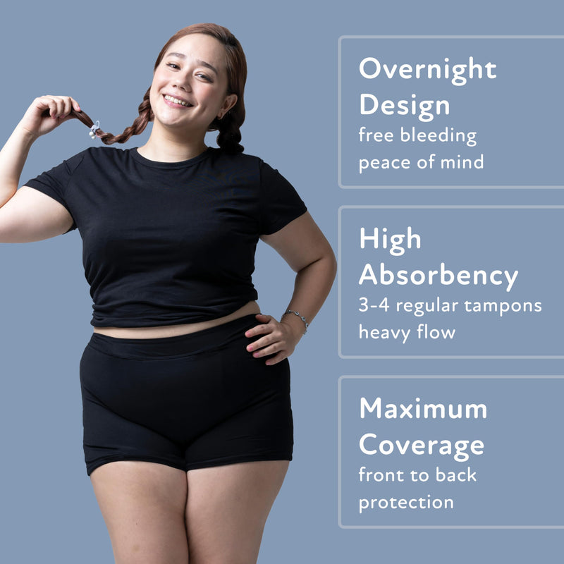 [Australia] - Overnight Period Shorts for Women - 2" Absorbent Sleep Period Boyshorts Heavy Flow Medium Black 