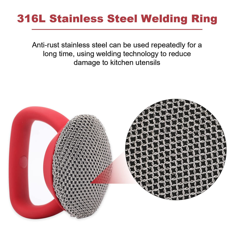 [Australia] - Cast Iron Scrubber, 316 Stainless Steel Chainmail Scrubber with Handle, Chain Mail Scrubber Cast Iron for Cleaning Cast Iron Skillets, Pans,Griddles, Frying Pans, Cast Iron Cookware Standard Red 