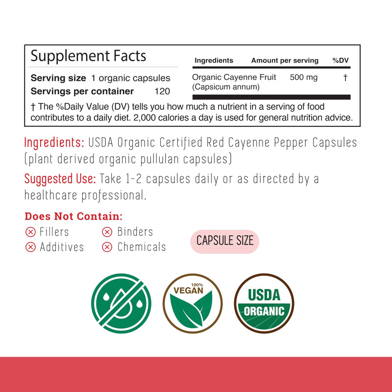 [Australia] - INCAS 100% USDA Organic Cayenne Pepper 120 Capsules (500mg) 45,000 SHU Traditional Digestion & Circulation Support Pure, No Additives & Fillers | 120 Servings 