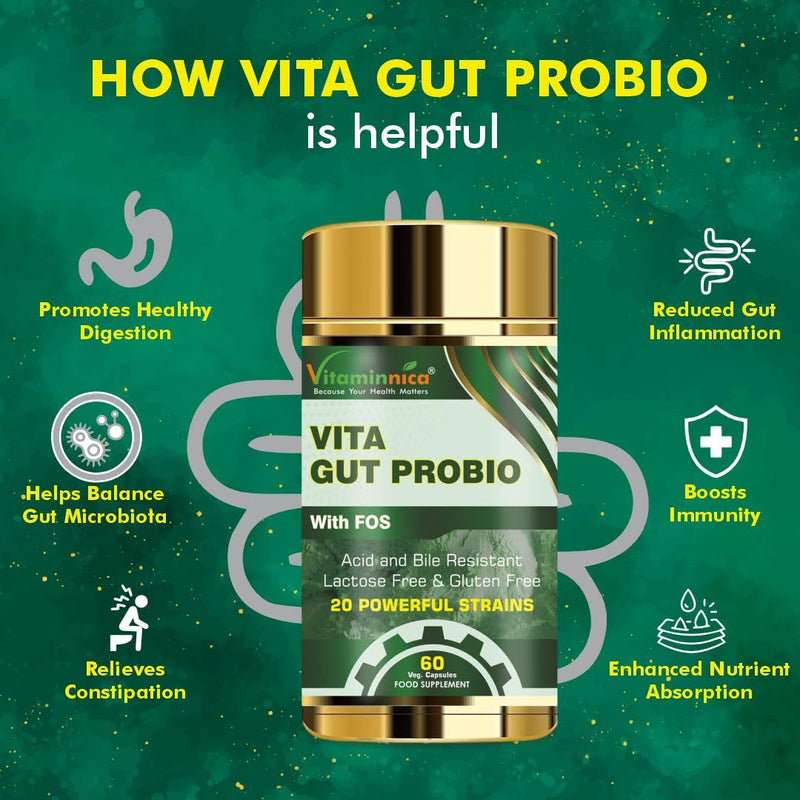 Vitaminnica Vita Gut Probio - Natural Gut Balance Supplement with Digestive Health and Immune Support | 20 Powerful Strains | 60 Capsules