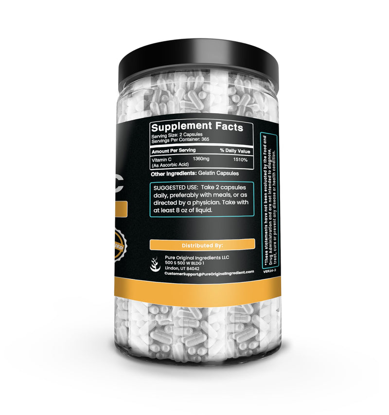 Pure Original Ingredients, Vitamin C Powder, 730 Capsules | For supplement preparation, ingredient mixing, and daily intake 730 Count (Pack of 1)