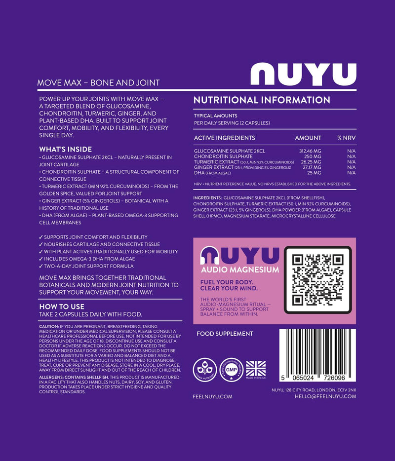 NUYU Move Max - Bone & Joint Capsules. Daily Supplement with Glucosamine Sulphate to Support Joint Comfort, Mobility & Flexibility. Two-a-Day, 1 Month Supply. Made in The UK.