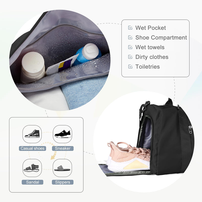Gym Bags with Shoes Compartment,Personal Item Travel Duffel Bag Black | Travel Duffel Bag with Toiletry Bag Carry On Tote Bags Weekender Overnight Bag for Travel Essentials and Travel Accessories D1-Black+2Pcs Toiletry Bag