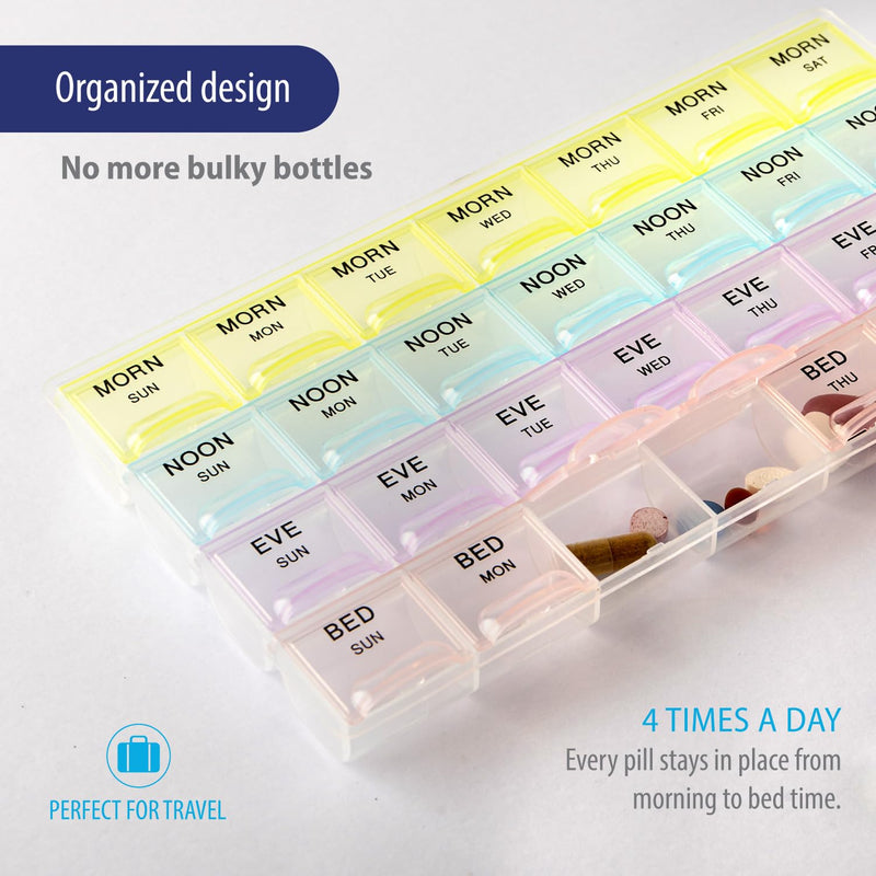 Deke Home - Pill Organizer 4 Times a Day, Weekly Medicine Box with Morning, Noon, Evening, Bed Compartments, Large, Translucent, Easy-to-Open Pill Case, 7-Day Travel Medication Organizer for Vitamins. 1 Count (Pack of 1)