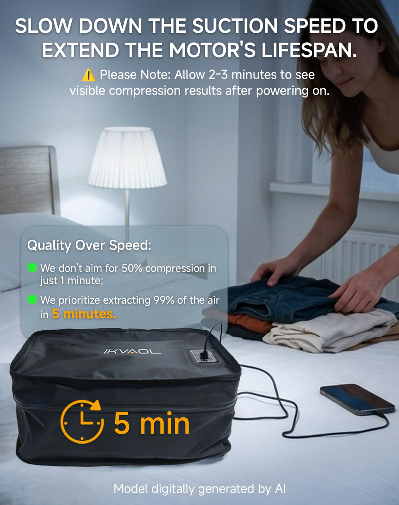 Travel Vacuum Packing Cubes with Built-in Pump, Space Saver (1-Pack) | 23L Small Organizer, Built-in 50kPa Pump, USB-C phone & power bank, 180° Opening, Airtight Zipper, Tearproof Fabric Black 1PACK