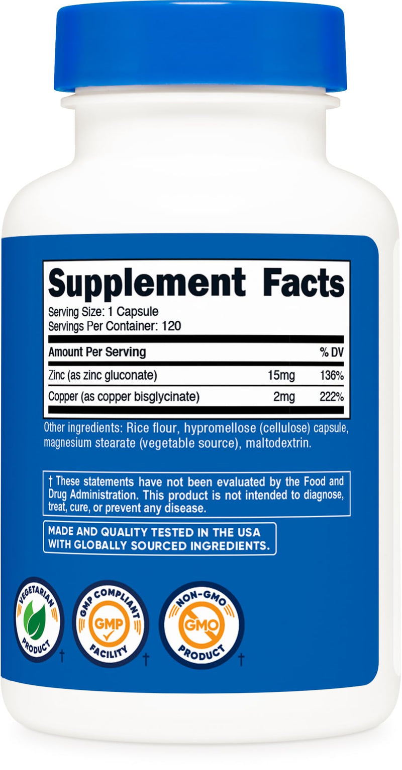[Australia] - Nutricost Zinc + Copper Capsules (120 Servings)(15MG Zinc + 2MG Copper Per Serving) - Non GMO, Vegetarian 120 Count (Pack of 1) 