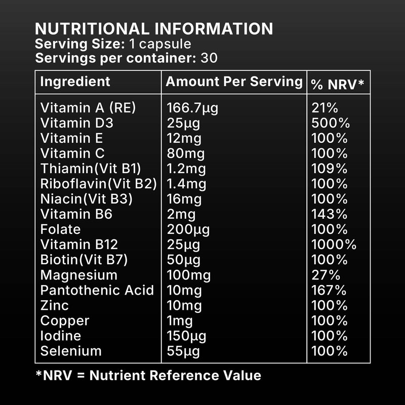 Men’s One‑A‑Day Multivitamin for Energy, Immune Support & Normal Testosterone – Vitamins D3, K2, B‑Complex, Magnesium, Zinc & Selenium – 30 Vegan Capsules