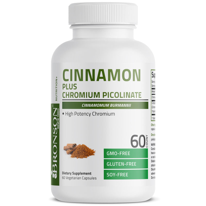 Bronson Cinnamon Plus Chromium Picolinate Supplement, High Potency Chromium, Non-GMO, 60 Vegetarian Capsules 60 Count (Pack of 1)