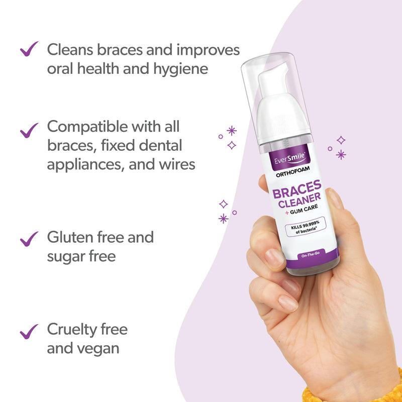 EverSmile OrthoFoam Braces Cleaner — Travel Size – Brushable Foam Whitens Teeth, Eliminates Bacteria, Fights Plaque and Bad Breath – Cleans Under Metal, Ceramic, Clear Brackets and Wires – 25ml(2 Pk) 0.85 Fl Oz 2 Pack
