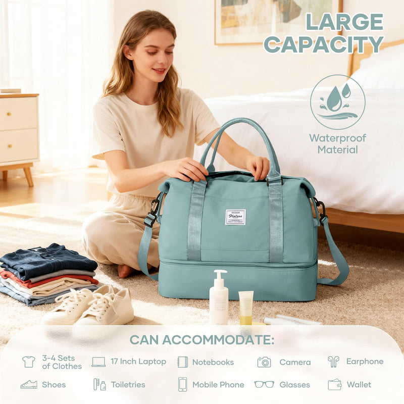 Travel Duffel Weekender Bag Women Tote Carry On Bags With Shoe Compartment | 18x14x8 inches Travel Overnight Bags with Trolley Sleeve for Airplanes Sport Tote Gym for Men Lightweight Daypack LightBlue.