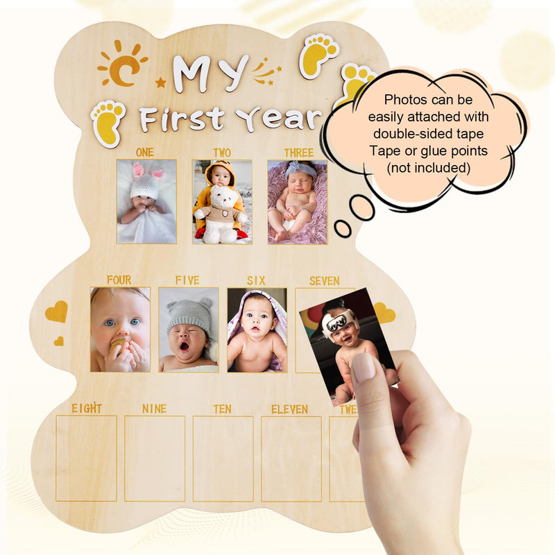 My First Year Picture Frame, Cut Bear Shape Baby Photo Frame Wood Board Personalized 12 Months Baby Photo Display 1st Birthday Memories Gift for Boy Girl Nursery Decoration