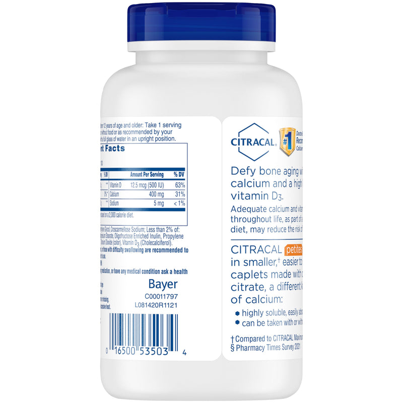 [Australia] - Citracal Petites, 400 mg Calcium Citrate, Easily Absorbed and Highly Soluble with 12.5 mcg (500 IU) Vitamin D3, Bone Health Support for Ages 12+, Smaller and Easier to Swallow Caplets, 200 Count 