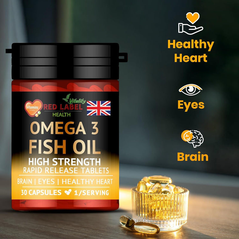 Omega 3 Fish Oil 1000mg, 30 Softgels (1 Month Supply), Double Strength 180mg EPA and 120mg DHA, Supports Eye, Heart & Brain Health for Men & Women - UK Made