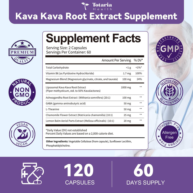 [Australia] - Kava Kava Root Extract 1000mg with Magnesium - 50% Kavalactones, L Theanine, Ashwagandha Herbal Blend for Balanced Mood, Relax Calming, Sleep, Mood, Cognitive & Immune Support - 120 Veg Capsules 