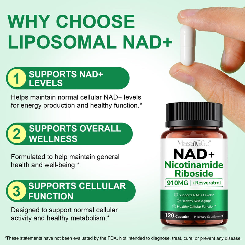 NAD+ Supplement with Nicotinamide Riboside 910mg, Resveratrol Supplements - Anti-Aging, Energy & Cellular Health Support - 120 Capsules - Gluten-Free, Vegan