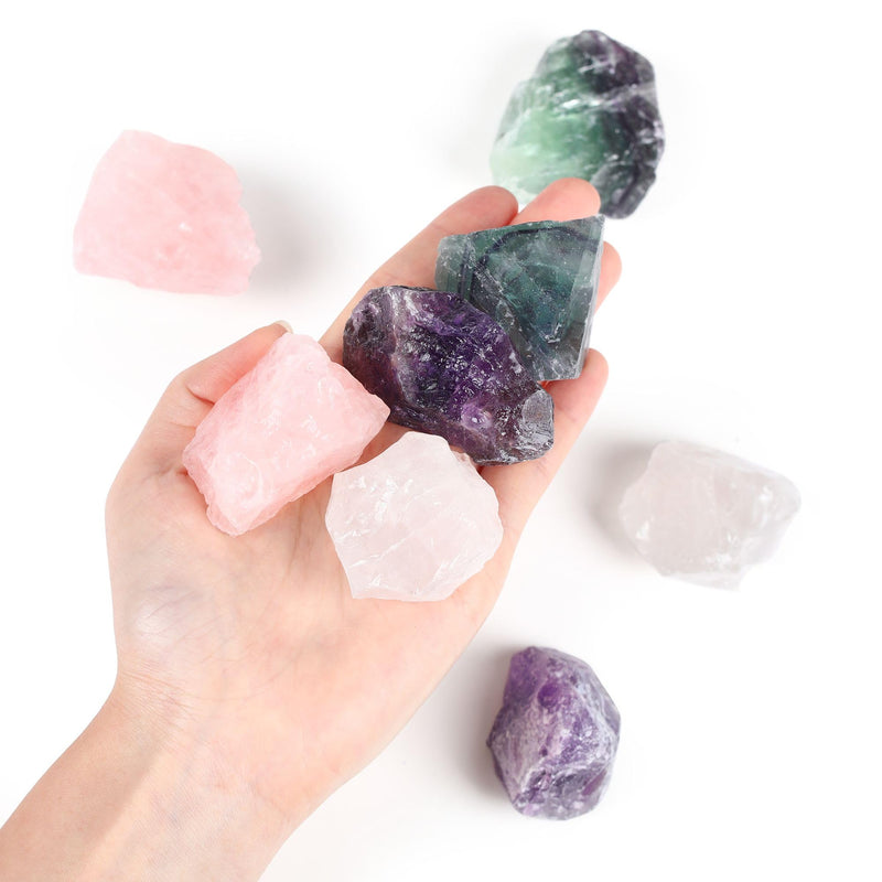 [Australia] - QINJIEJIE 100% Large Amethyst Rose Quartz Premium Water Stones Basic Mix Stones 4 Pieces Natural Stones Healing Stones Set Natural Crystals Raw Stones 4.5-5 cm A-rose quartz, amethyst, clear quartz and fluorite 