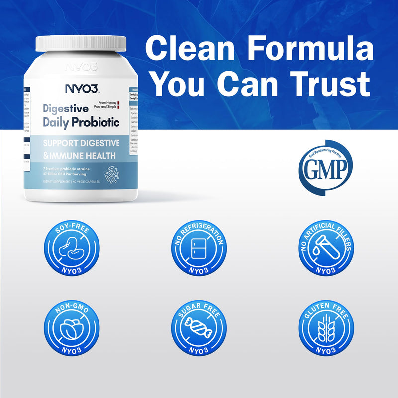 NYO3 Digestive Probiotics 57 Bilion CFU 7 Strains,60 Capsules,Bloat Relief, Supports Digestion & Immune Health