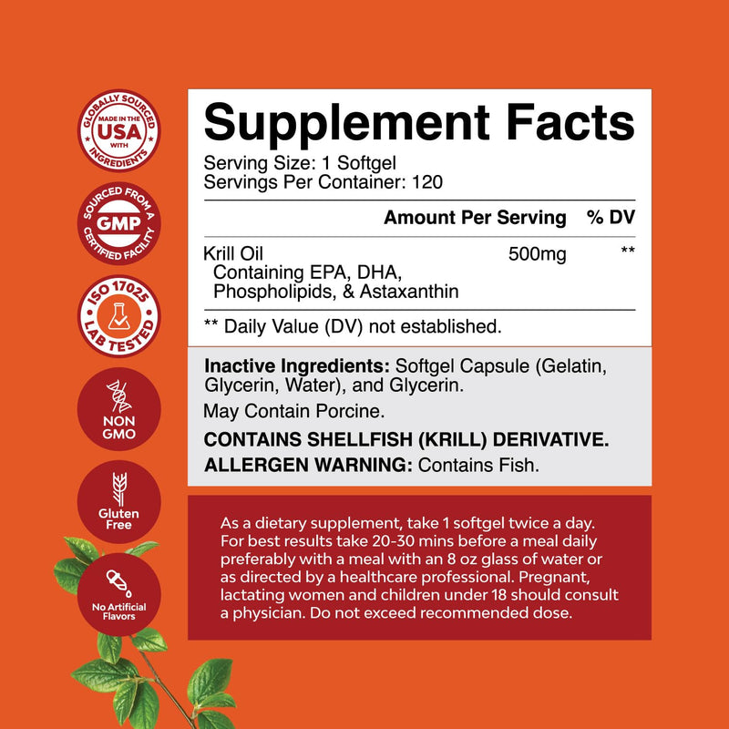 [Australia] - Antarctic Krill Oil 500mg Softgels - High Absorption Krill Oil Omega 3 Fatty Acid Supplement with Potent EPA DHA Astaxanthin and Phospholipids - Wild Caught Burpless Fish Oil Omega 3 Supplement 120 Count (Pack of 1) 