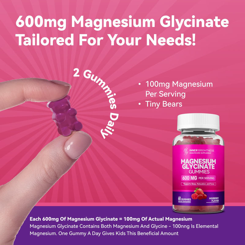 [Australia] - Magnesium Glycinate Gummies 600mg, Non-GMO, Gluten-Free, Magnesium Gummies for Adults & Kids, Sleep, Relaxation & Focus, Mixed Berry Flavor, 60 Count 60 Count (Pack of 1) 