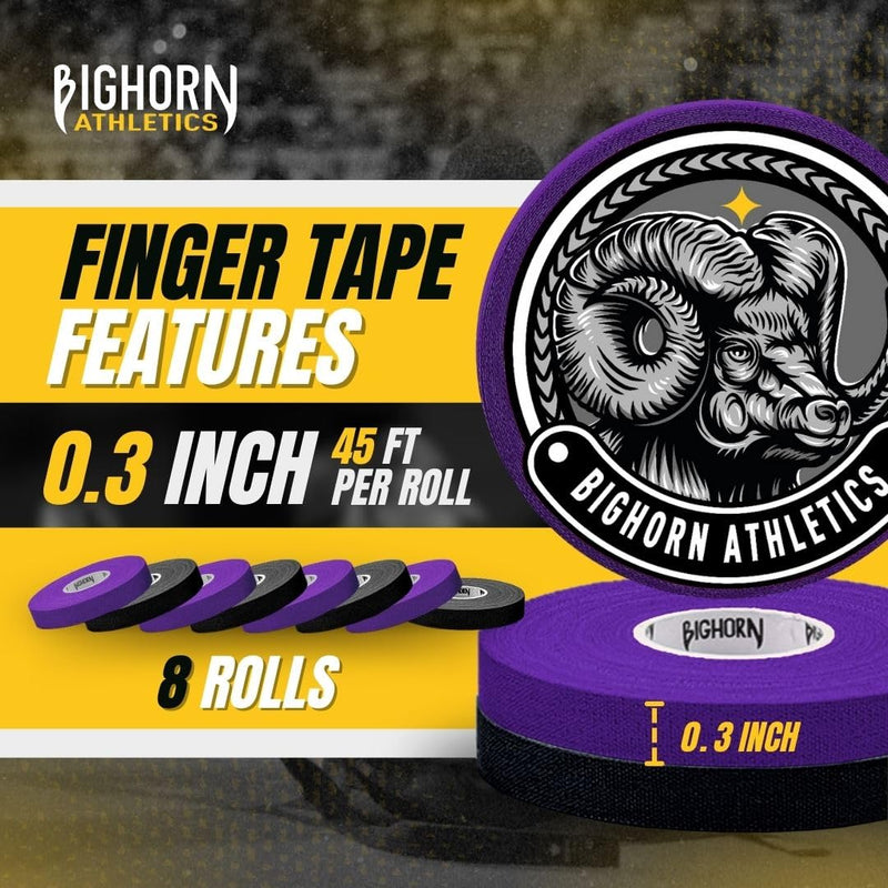 Bighorn Athletics Jiu Jitsu Finger Tape, 0.3-Inch x 45-feet, 8-Rolls | Residue-Free, Zinc Oxide Adhesive | Athletic Sports Tape for BJJ, Wrestling, Climbing, Volleyball, Hands & Toes | Black & Purple