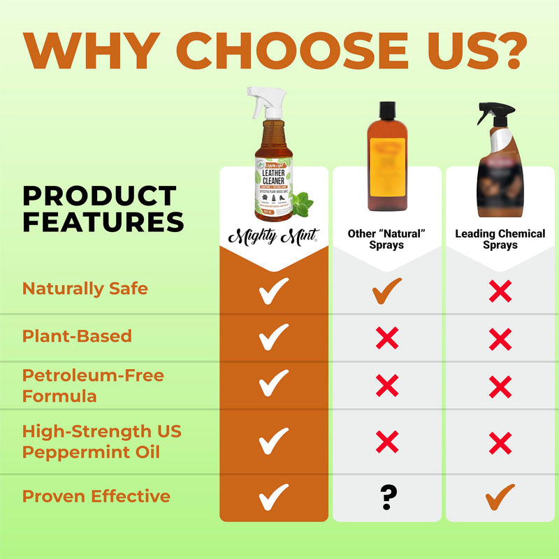 [Australia] - Mighty Mint Leather Cleaner and Conditioner, Plant-Based, Hydrating Spray to Clean and Protect Leather Items, Natural Peppermint Scent, 16oz 