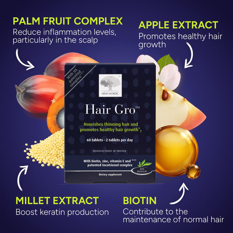NEW NORDIC | Hair GRO Tablets | Biotin & Tocotrienol Complex | 60 Count | Daily botanical hair supplement formulated with biotin and a tocotrienol complex for your daily routine 60 Count (Pack of 1)