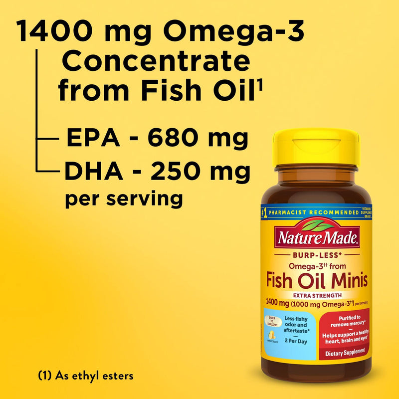 [Australia] - Nature Made Extra Strength Burp Less Omega 3 Fish Oil 1400 mg Minis, Fish Oil Supplements as Ethyl Esters for Healthy Heart, Brain and Eyes Support, Omega 3 Supplement, 60 Softgels, 30 Day Supply Lemon 60 Count (Pack of 1) 