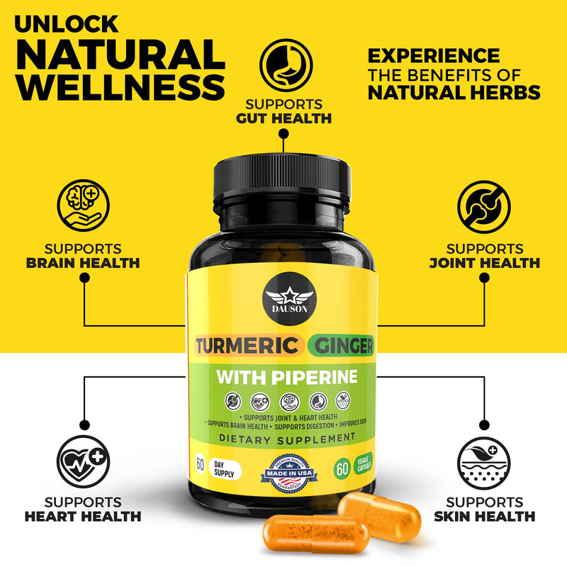 Turmeric Curcumin Supplement - 95% Curcuminoids with Ginger, 95% Piperine, Vitamin C, D3 & Zinc - Natural Vegan Herbal Supplement for Gut, Immunity – 60 Capsules 60 Turmeric Capsules