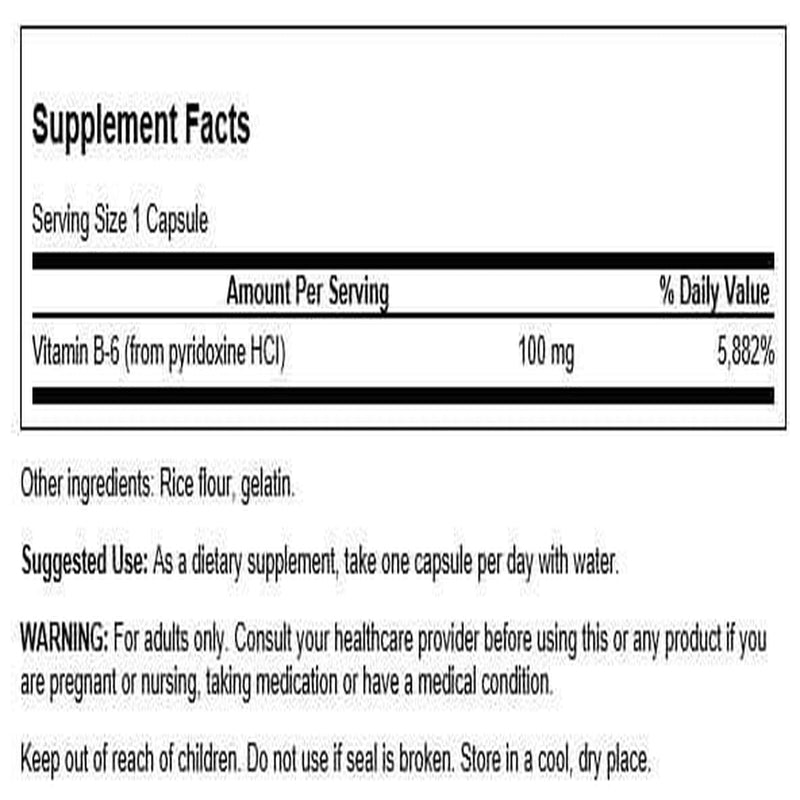 Swanson Vitamin B-6 Pyridoxine 100 mg, 100 Capsules | Supports Energy Production and Cardiovascular Wellness, Maintains Nervous System Function and Fat and Protein Metabolism