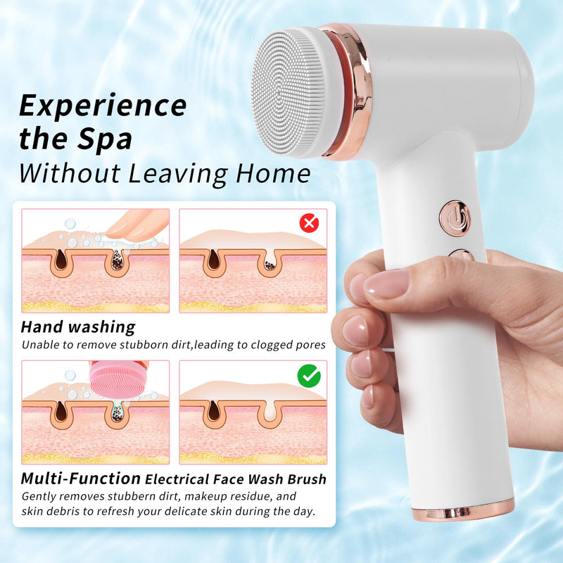 4 in 1 Facial Cleansing Brush, Multi Function Electrical Face Wash, Brush IPX6 Waterproof Portable Face Scrubber, 5 Speed Adjustable, 2 Rotation Directions Adjustable, Gift for Women Men (White) White