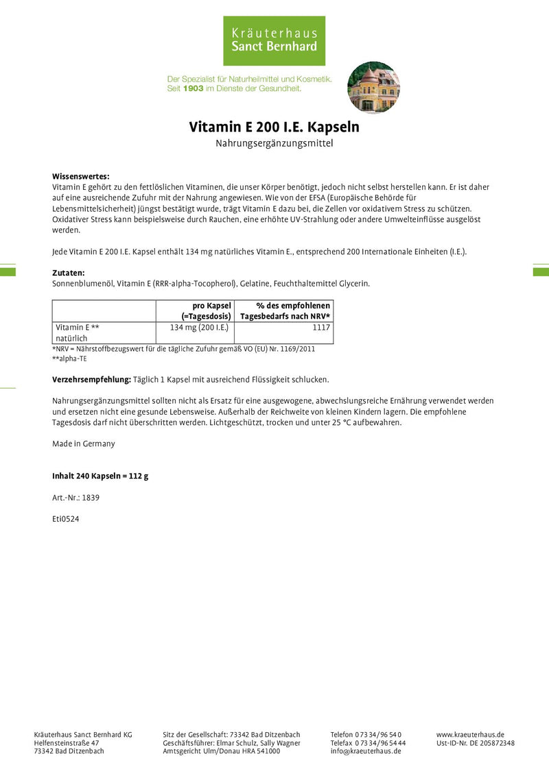 [Australia] - Sanct Bernhard Vitamin E 200 IU capsules, contents 240 capsules 