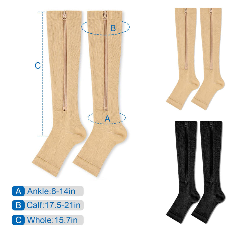 [Australia] - Naapesi 2 Pairs Zip Compression Socks, Zip Compression Socks, Calf Height, Open Toe Support Stockings for Varicose Veins, Edema, Recovery, Pregnant 