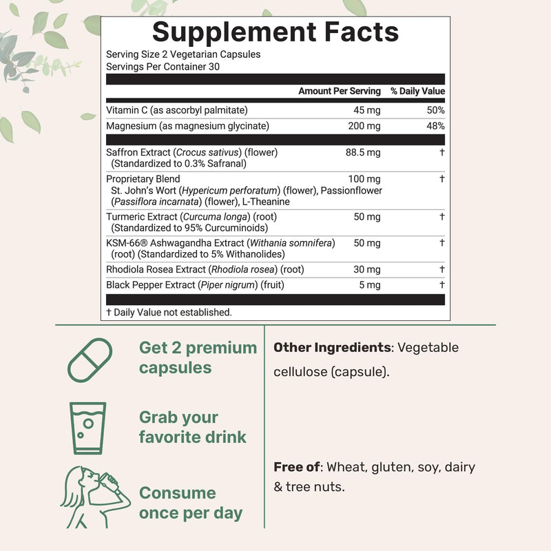 [Australia] - Saffron+ Advanced Supplements, 60 Veggie Capsules | 10-in-1 with Saffron Extract, High Absorption Fat-Soluble Vitamin C, Magnesium, Turmeric & KSM-66 Ashwagandha| Mood & Energy Support* | Filler Free 