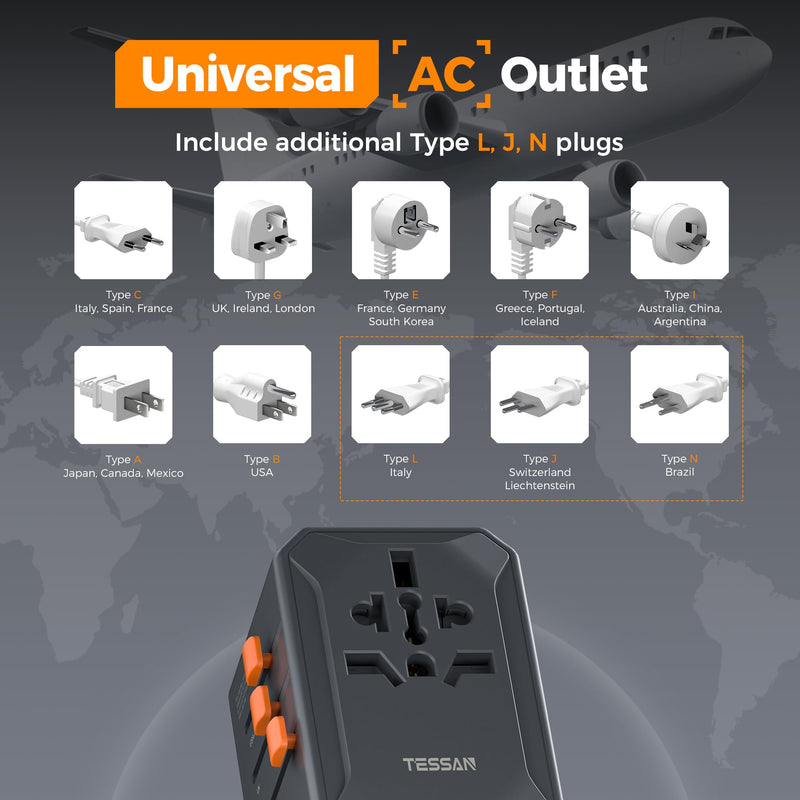 TESSAN Universal Travel Adapter, GaN 65W, Black | International Power Adapter, 5 USB Ports (3 USB C), Worldwide Plug Adaptor Cool black