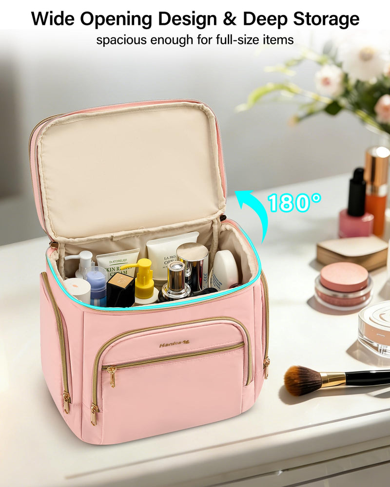 Hanke Large Toiletry Bag for Women Travel, Double Layer Organizer with Wide Opening for Full-Size Cosmetics & Toiletries, 12.2L Water-Resistant Makeup Bag,Pink Pink